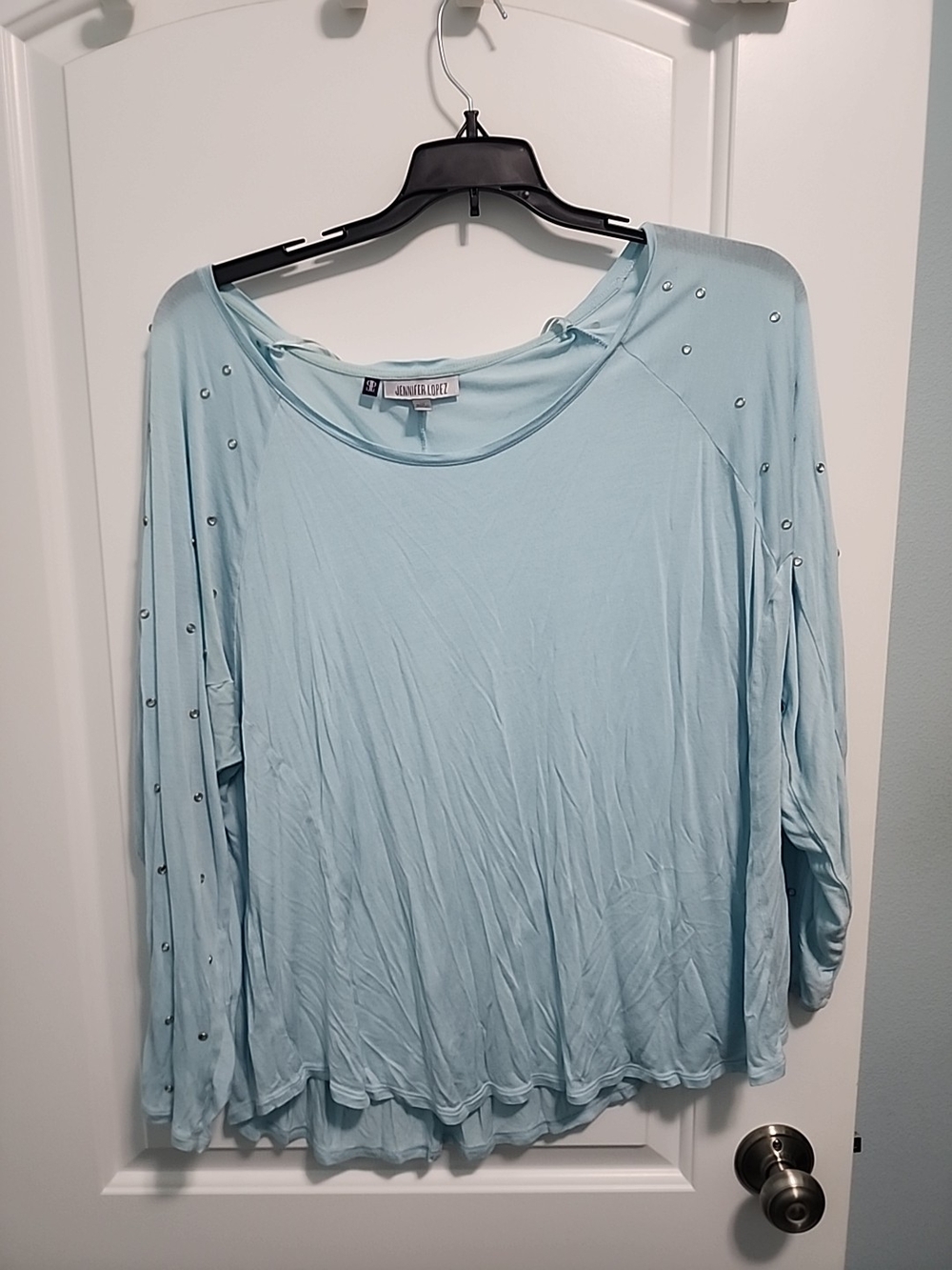 Jennifer Lopez Light Blue Long-Sleeve Embellished Top